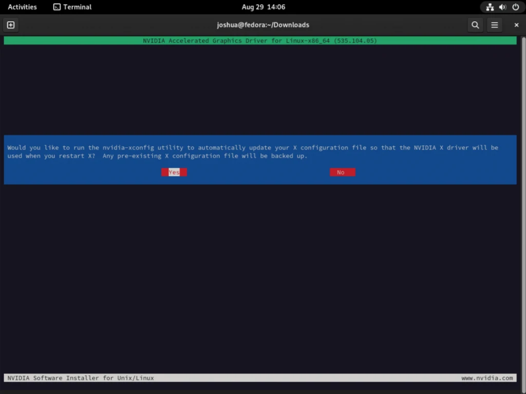 Запрос на установку утилиты NVIDIA xconfig во время установки драйвера на Fedora.