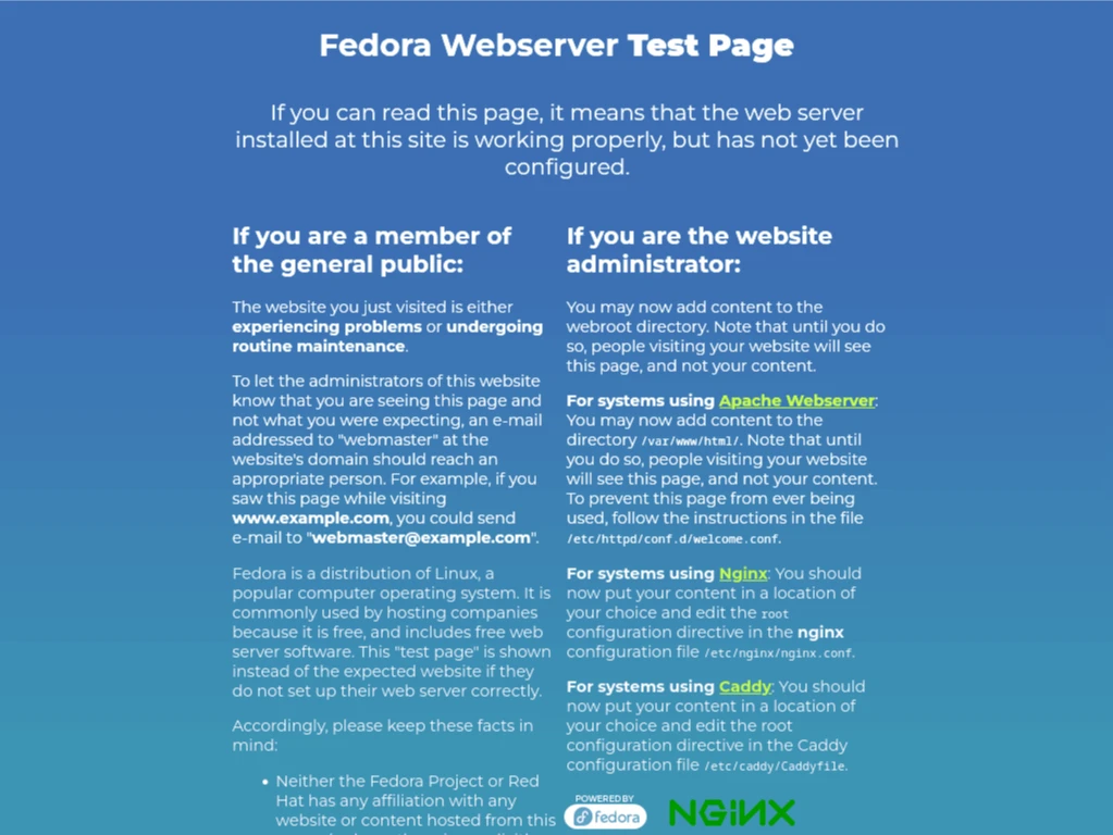 Успешная загрузка тестовой страницы Nginx 